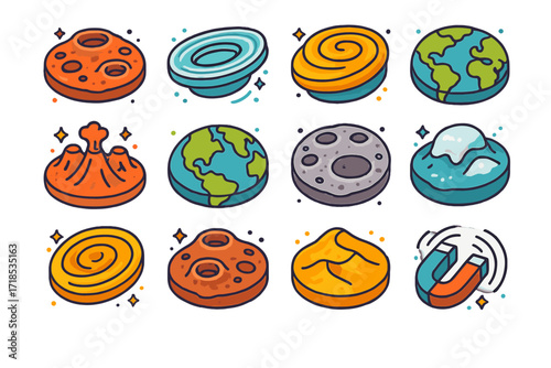 Planetary Features Icons. Colorful isometric vector icons set of Planet surface features: Martian craters, icy rings, gas swirls, volcanoes on Venus, Earth