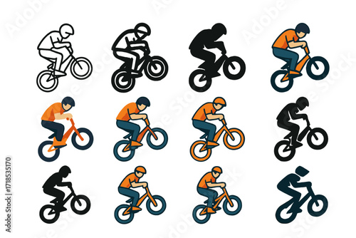 Dynamic BMX Logos. Set Logo of Fast-Paced Sports: BMX trick mid-air. Logo set in vector style, emblematic variations. line, bold thick line, solid black