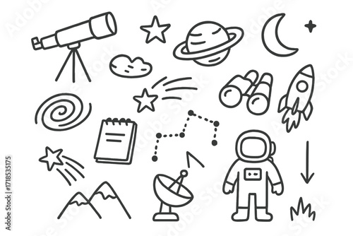 Astronomy Doodle Art. Hand-drawn doodle illustration Astronomy and stargazing telescope, planets, star, moon, comet, constellation, notebook, shooting star,