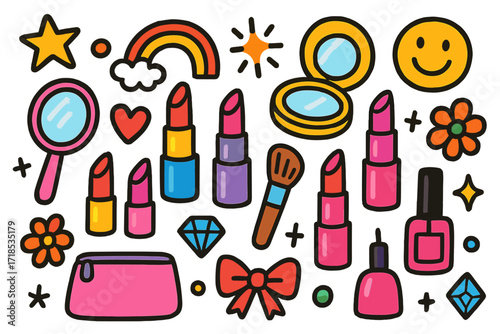 Colorful Makeup Doodle. Colorful Hand-drawn doodle Children illustration Lipstick Collection [lipstick tubes, compact, mirror, brush, star, rainbow, flower,