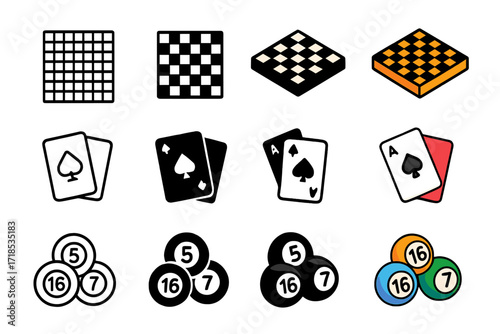 Game Icon Collection. Icon Set of Games and Fun: Chessboard, Playing cards, Bingo balls. Icons set in vector style, emblematic variations. Chessboard line,