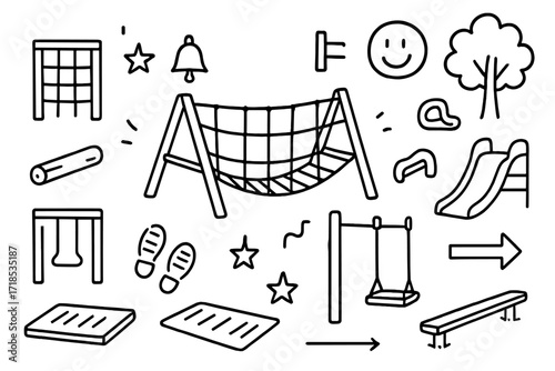 Playground Doodle Icons. Hand-drawn doodle illustration Playground climbing structure rope bridge, climbing net, wooden beam, ladder, slide, swing, grip