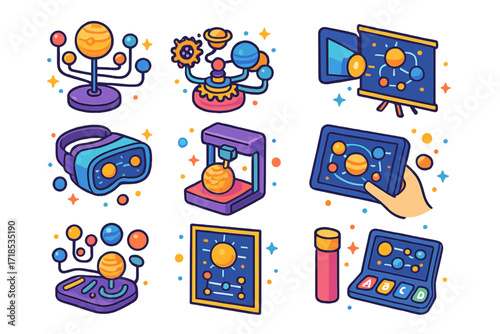 Educational Solar System Icons. Colorful isometric vector icons set of Educational solar system models: rotating planets stand, orrery gears, classroom
