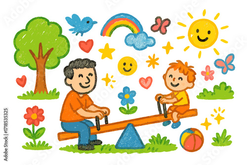 Playful Park Doodle. Colorful Hand-drawn doodle Children illustration Park Seesaw Moment [seesaw, parent, child, tree, flower, heart, star, rainbow, spark,