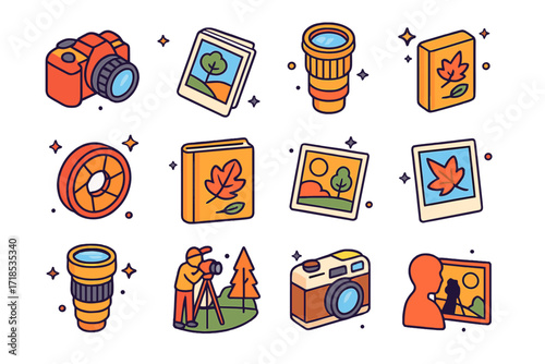 Photography Icon Set. Colorful isometric vector icons set of photography during fall hikes: DSLR camera, nature photo print, photo lens, tripod, shutter icon,