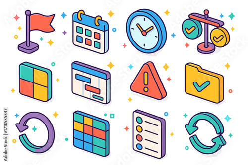 Task Management Icons. Colorful isometric vector icons set of task scheduling and priority: priority flag, calendar grid, clock icon, task weights, time slot