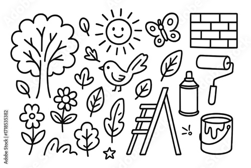 Nature Doodle Mural. Hand-drawn doodle illustration Nature-themed mural tree, flower, leaf, bird, butterfly, sun, cloud, wall, paintbrush, roller brush,