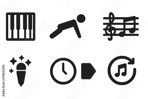 Music Practice Icons. Solid, filled icon set of practice techniques: scales, exercises, rudiments, sight reading, improvisation, timing, dynamics, repetition.