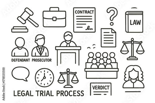 Legal Doodle Icons. Hand-drawn doodle illustration Legal trial process gavel, briefcase, contract, law book, defendant icon, prosecutor icon, courtroom sketch,