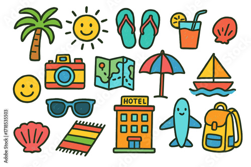 Colorful Leisure Adventure. Colorful Hand-drawn doodle Children illustration Leisure Travel palm tree, sun, flip flops, drink, camera, map, beach umbrella,