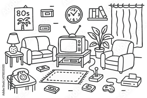 80s Living Room Doodles. Hand-drawn doodle illustration 80s style living room [tube TV, VHS tape, cassette player, sofa, armchair, rug, wall poster, table