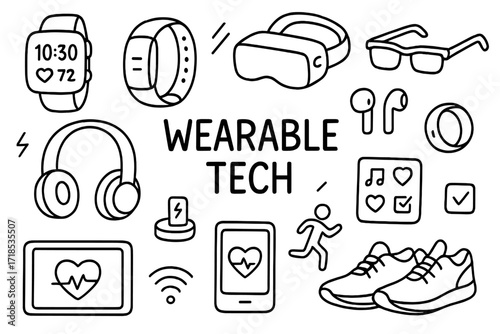 Wearable Tech Doodle. Wearable tech. Hand-drawn doodle illustration wearable tech smartwatch, fitness tracker, VR headset, smart glasses, headphones, earbuds,