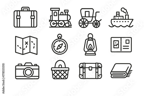 Vintage Travel Icons. Old holiday travel. Line icon set of old holiday travel: vintage suitcase, train, carriage, steamship, map, compass, lantern, post card,