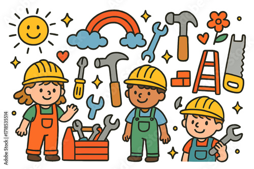 Builders' Colorful Adventure. Colorful Hand-drawn doodle Children illustration Team of Builders construction workers, toolbox, hammer, wrench, saw, ladder,