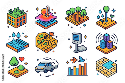 Urban Climate Icons. Colorful isometric vector icons set of urban climate and nature twins: green rooftop model, heat island tracker, tree canopy overlay,