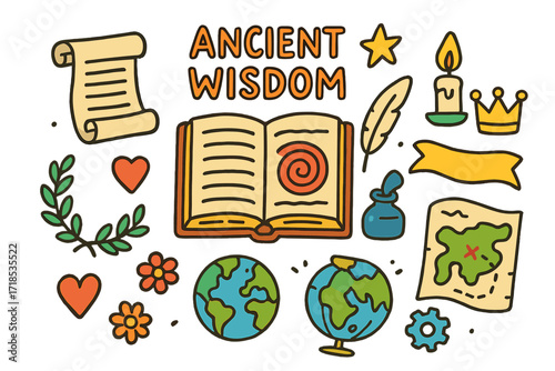 Ancient Symbols Doodle. Ancient wisdom. Colorful Hand-drawn doodle Children illustration old book, scroll, feather quill, ink bottle, laurel wreath, candle,