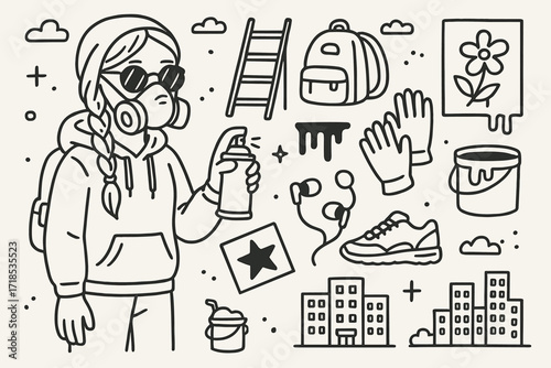 Street Artist Essentials. Hand-drawn doodle illustration [female street artist] long braid, paint mask, spray can, hoodie, ladder, backpack, paint drips,