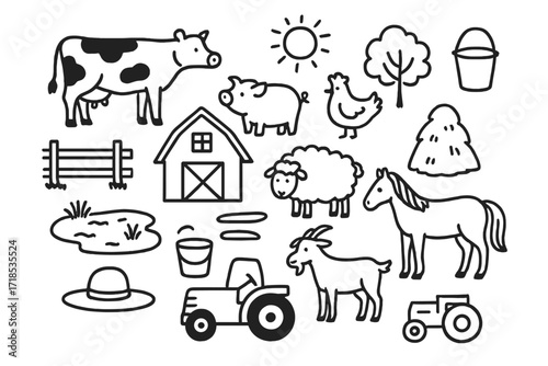 Farm Life Doodle. Hand-drawn doodle illustration Farm animals and rural life Cow, pig, chicken, sheep, goat, horse, barn, fence, pond, tree, sun, bucket,