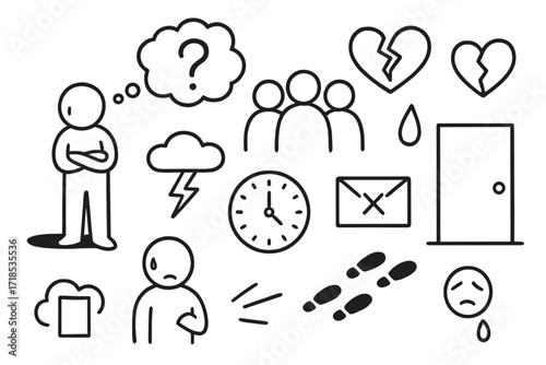 Social Anxiety Doodle. Hand-drawn doodle illustration Social anxiety and rejection Person standing alone, group of people, thought bubble, question mark,