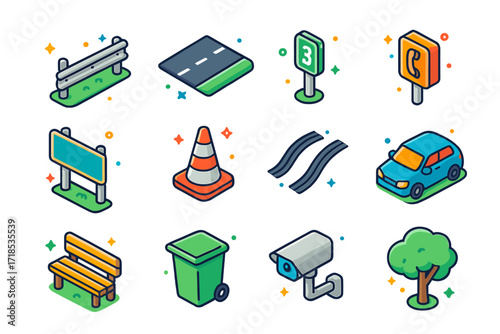 Colorful Roadside Icons. Colorful isometric vector icons set of roadside elements: guardrail, road shoulder, mile marker, emergency phone, roadside sign,