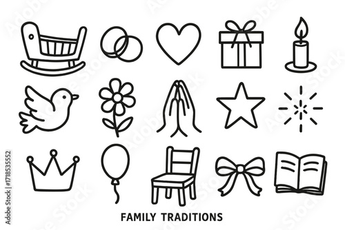 Family Traditions Doodle. Hand-drawn doodle illustration Family traditions cradle, rings, heart, gift box, candle, dove, flower, prayer hands, star, spark,