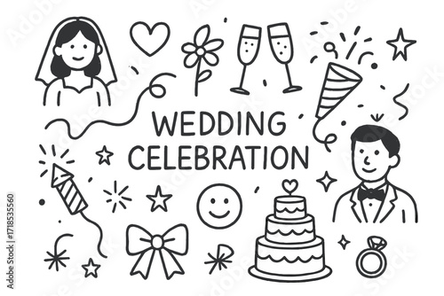 Wedding Celebration Doodles. Hand-drawn doodle illustration [wedding celebration fun] [bride icon, groom icon, heart, flower, champagne, confetti, ribbon,