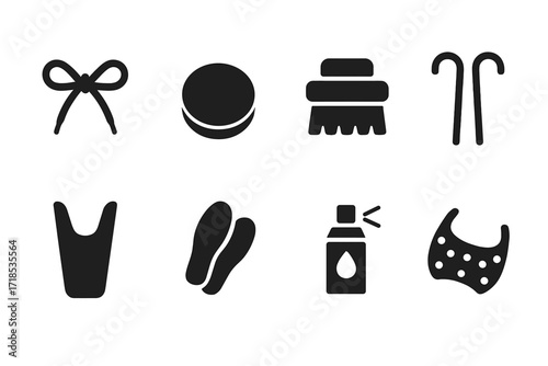 Boot Accessories Icons. Solid, filled icon set of boot accessories: boot laces, boot polish, boot brush, boot hooks, boot jack, boot inserts, waterproof spray,