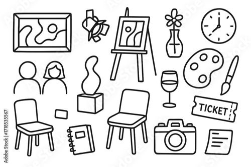 Abstract Art Exhibit. Hand-drawn doodle illustration modern art exhibition abstract painting, frame, easel, sculpture, spotlight, palette, paintbrush, wine