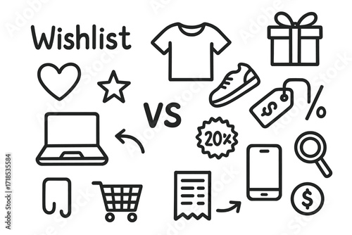 Wishlist Doodle Icons. Hand-drawn doodle illustration Wishlist and product comparison [wishlist heart, star, package, t-shirt, laptop, shoes, price tag,