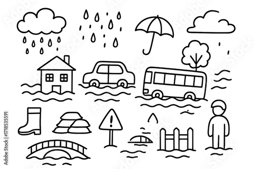 Urban Flooding Doodles. Hand-drawn doodle illustration Urban flooding street, car, bus, house, rising water, raindrop, cloud, boot, umbrella, sandbag, tree,