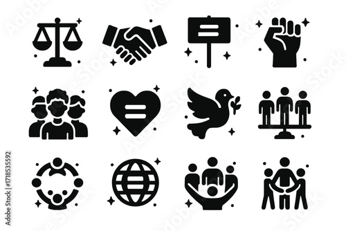 Social Equality Icons. Social Equality. Solid icons set of justice scale, handshake, equality symbol, protest sign, raised fist, diverse group, heart with