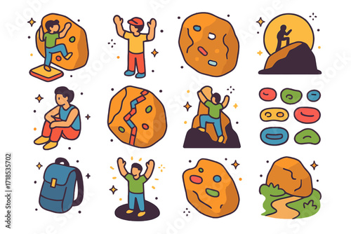 Isometric Climbing Icons. Colorful isometric vector icons set of Boulder Climbing Scenes: climber on rock, crash pad below, spotter with hands up, chalked rock