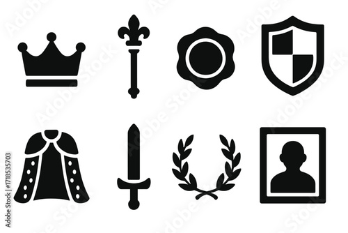 Royal Icons Collection. Solid, filled icon set of hereditary objects: crown, scepter, seal, family crest, royal robe, ancient sword, laurel wreath, ancestral
