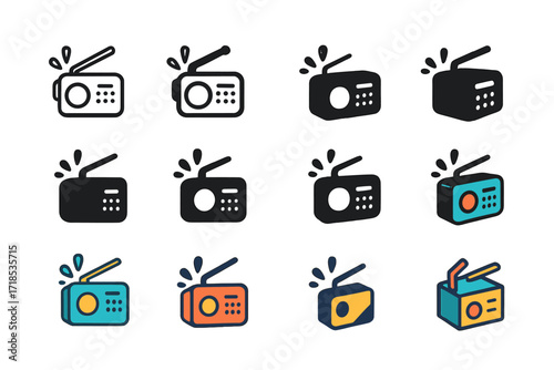 Radio Logo Designs. Set Logo of Portable Radio: Waterproof outdoor radio. Logo set in vector style, emblematic variations. line, bold thick line, solid black