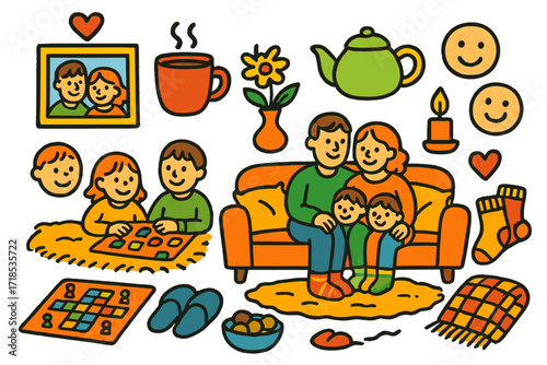 Cozy Family Afternoon. Colorful Hand-drawn doodle Children illustration [warm afternoon with family] [family photo, sofa, hot cocoa, board game, warm socks,