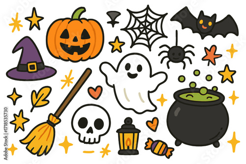Halloween Doodle Icons. Halloween parties and decorations. Colorful Hand-drawn doodle Children illustration pumpkin, ghost, bat, spider, web, witch hat, broom,