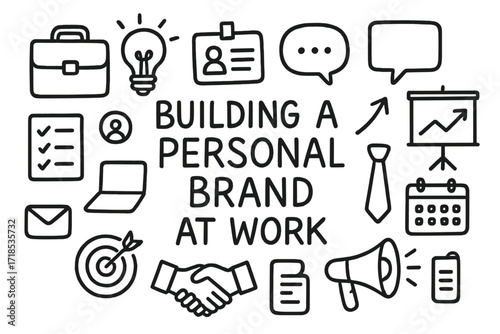 Personal Brand Elements. Hand-drawn doodle illustration Building a personal brand at work [briefcase, lightbulb, name tag, speech bubble, laptop, checklist,