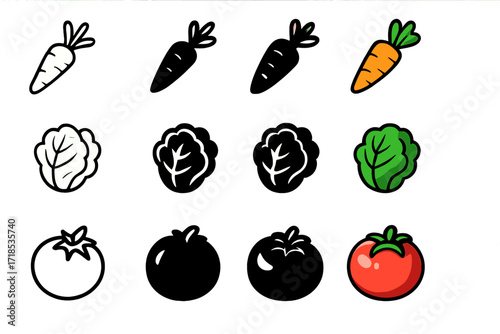 Vibrant Vegetable Icons. Icon Set of Organic vegetables: organic carrot, leafy lettuce, ripe tomato. Icons set in vector style, emblematic variations. Organic