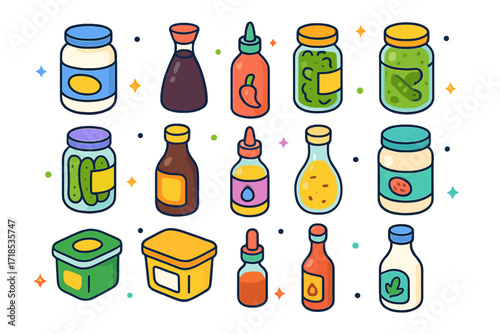 Colorful Condiment Icons. Colorful isometric vector icons set of refrigerated condiments: mayonnaise jar, soy sauce bottle, sriracha bottle, relish jar, pickle