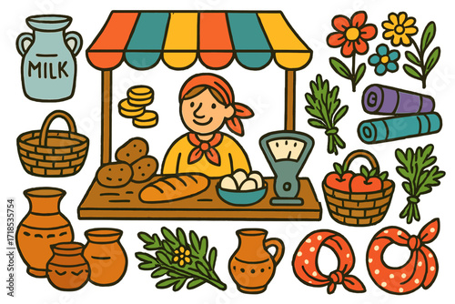 Colorful Village Market. Colorful Hand-drawn doodle Children illustration Village market cloth canopy, smiling seller, coins, potato, bread, eggs, baskets,