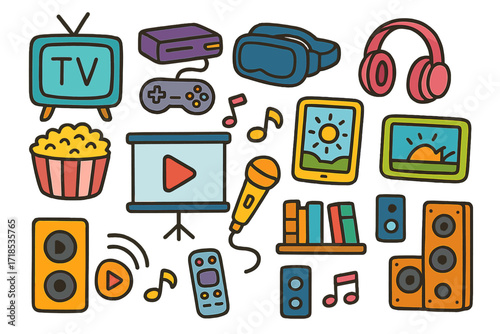 Smart Entertainment Doodles. Colorful Hand-drawn doodle Children illustration Smart entertainment TV, game console, joystick, VR headset, headphones, tablet,