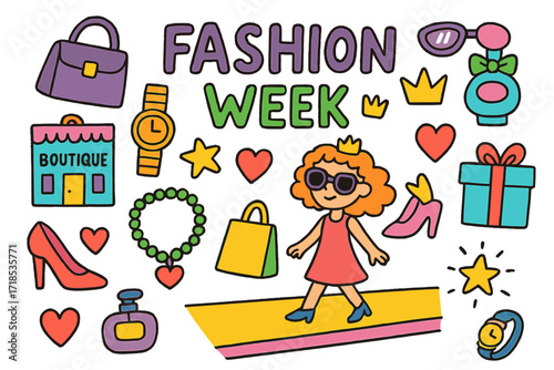 Fashion Week Fun. Fashion week. Colorful Hand-drawn doodle Children illustration runway, model, shopping bag, sunglasses, crown, necklace, star, high heel