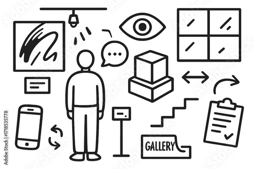 Modern Art Gallery Icons. Hand-drawn doodle illustration [modern art gallery visit] [abstract painting, person standing, brush stroke, canvas, frame,