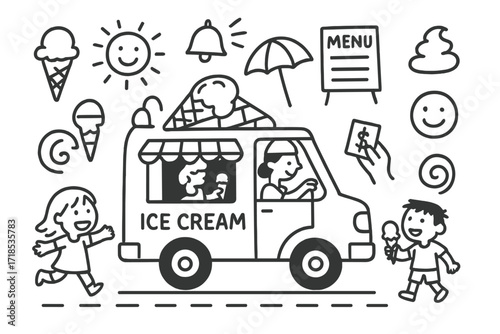 Ice Cream Truck Doodles. Hand-drawn doodle illustration Ice cream truck fun [ice cream cone, truck, bell, kids, window, scoop, money, sun, menu
