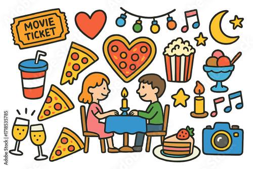 Romantic Date Night Icons. Colorful Hand-drawn doodle Children illustration Romantic date night movie ticket, popcorn, soda cup, pizza slice, ice cream sundae,