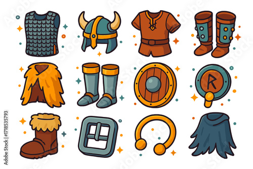 Isometric Viking Gear Icons. Colorful isometric vector icons set of Viking armor and gear: chainmail vest, horned helmet, leather tunic, studded bracers, fur