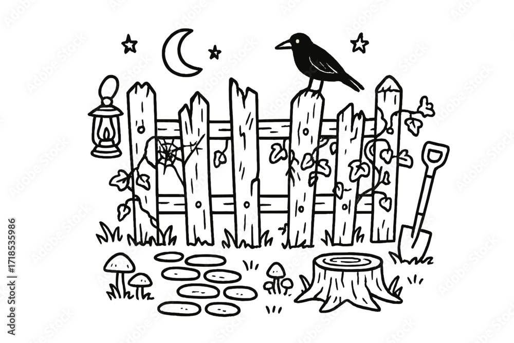 Naklejka premium Rustic Broken Fence. Old Fence. Hand-drawn doodle illustration old fence broken planks, cracks, vines, ivy, crow, spider web, mushrooms, shovel, stone path,