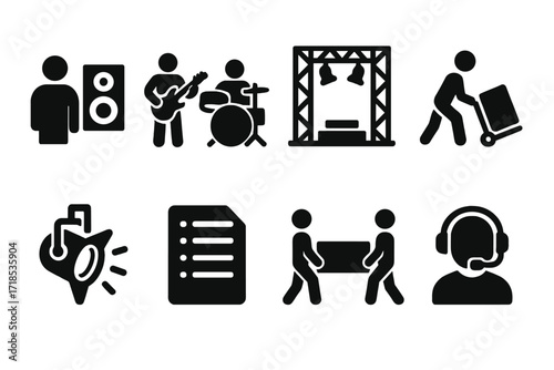 Concert Prep Icons. Solid, filled icon set of concert preparation: soundcheck, rehearsal, stage setup, equipment loading, lighting design, setlist, roadies,