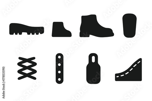 Boot Parts Icons. Solid, filled icon set of boot parts: sole, heel, upper, tongue, laces, eyelets, pull tab, stitching. Solid, filled icons in only black