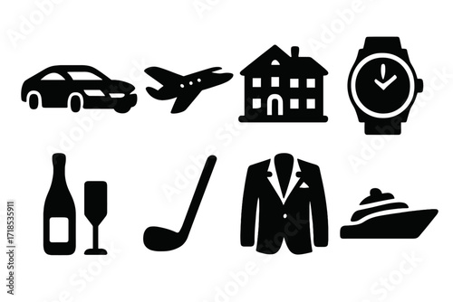 Luxury Lifestyle Icons. Solid, filled icon set of executive lifestyle: luxury car, private jet, mansion, watch, champagne, golf club, designer suit, yacht.